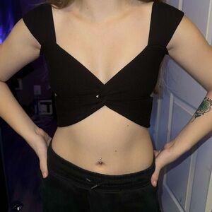 Black twist-front backless crop top